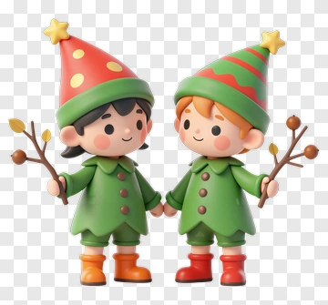 Two Happy Holiday Elves Holding Branches PNG