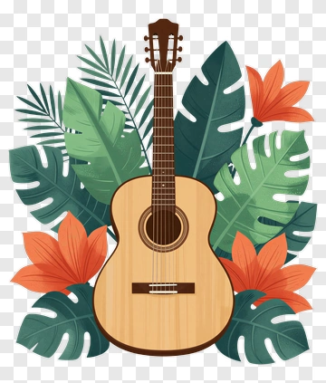 Acoustic Guitar Surrounded By Tropical Leaves PNG
