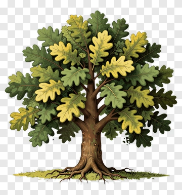 Hand-drawn Oak Tree With Green And Yellow Leaves PNG