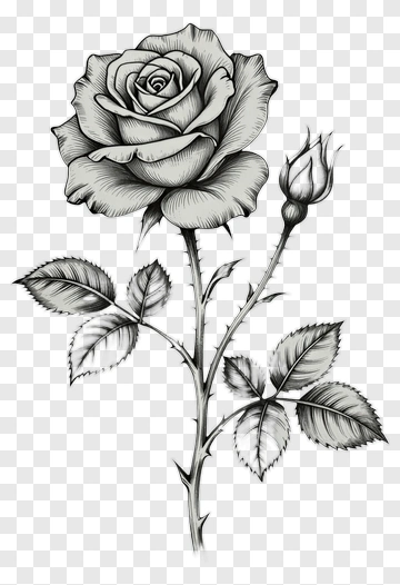 Detailed Rose With Bud And Leaves PNG