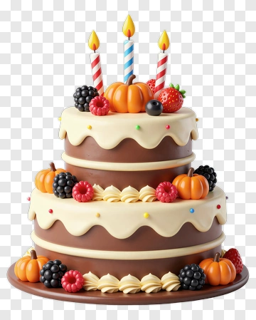 Three Tier Birthday Cake With Candles And Fruits PNG