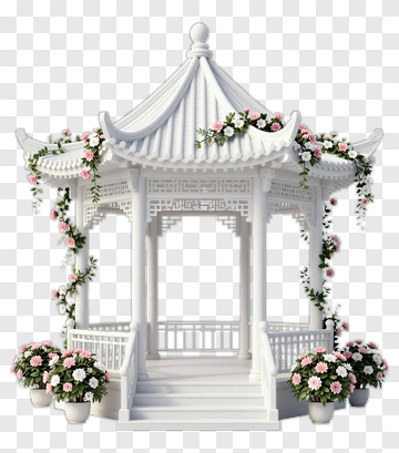 White Chinese Gazebo With Pink Flowers PNG