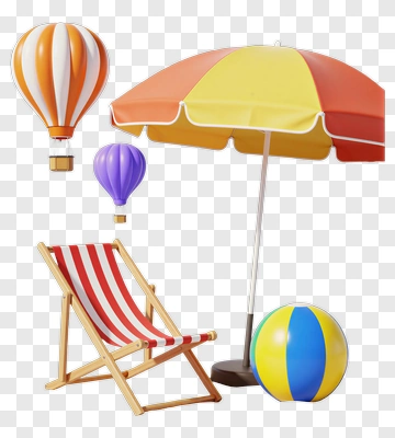 Beach Chair With Umbrella And Balloons PNG