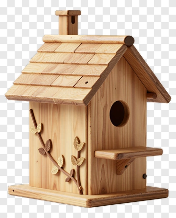 Wooden Birdhouse With Leaf Decoration PNG