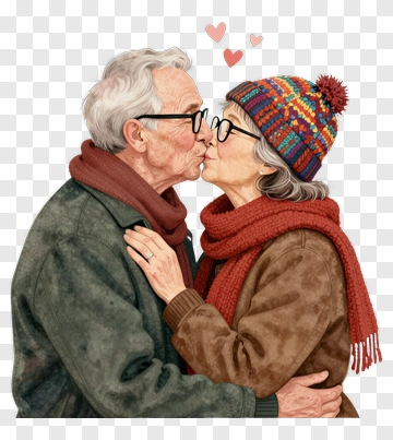 Elderly Couple Kissing In Winter PNG