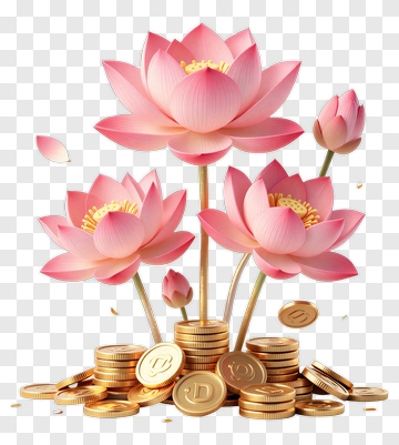 Pink Lotus Flowers With Gold Coins PNG
