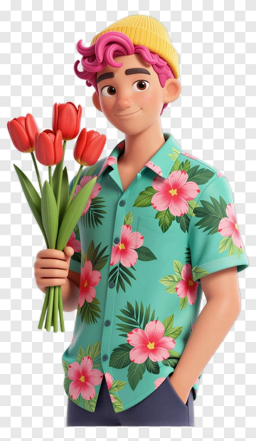 Young Man With Bouquet Of Tulips PNG