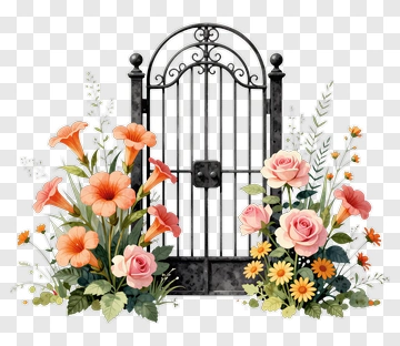 Garden Gate With Pink Roses And Orange Tulips PNG