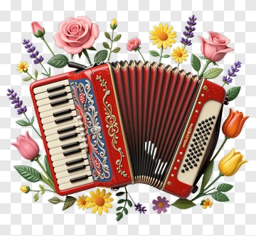 Red Accordion Surrounded By Flowers PNG