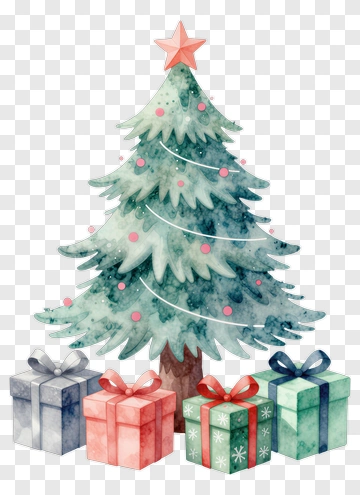 Watercolor Christmas Tree With Gifts PNG
