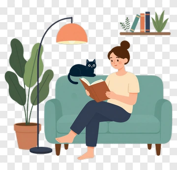 Woman Reading Book With Cat PNG