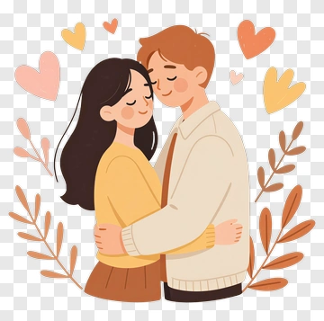 Couple Hugging With Hearts And Leaves PNG