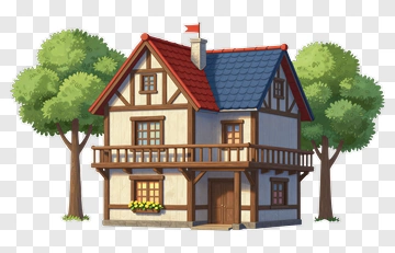 Cartoon House With Trees And Flag PNG