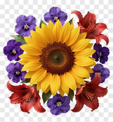 Sunflower With Red Lily And Purple Pansy PNG
