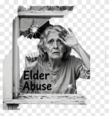 Elderly Woman Behind Broken Window PNG
