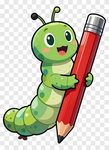 Cute Green Caterpillar Holding Red Pencil PNG