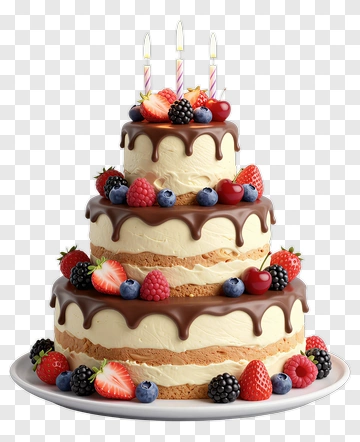 Three Tier Birthday Cake With Berries And Candles PNG
