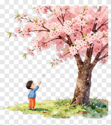 Child Reaching For Cherry Blossoms PNG