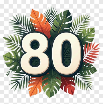 Number 80 Surrounded By Tropical Leaves PNG