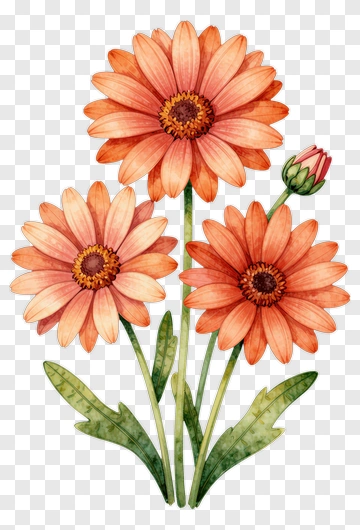 Orange Daisy Blooms With Green Leaves PNG