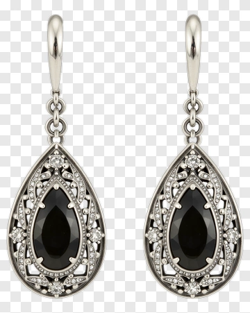 Teardrop Earrings With Black Gemstone And Silver Accents PNG