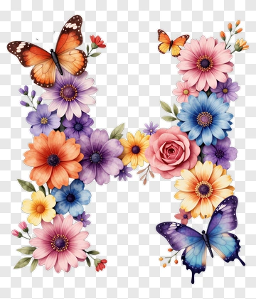 Letter H Decorated With Butterflies And Flowers PNG