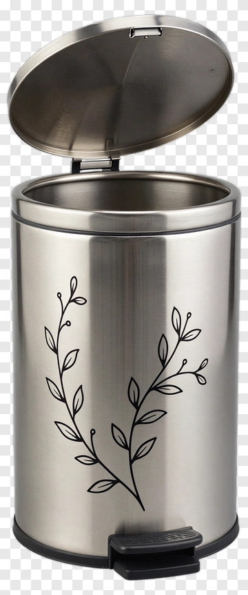 Stainless Steel Trash Can With Leaf Design PNG