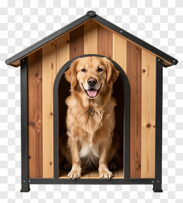 Golden Retriever In Wooden Doghouse PNG