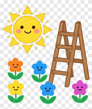 Smiling Sun And Flowers With Ladder PNG