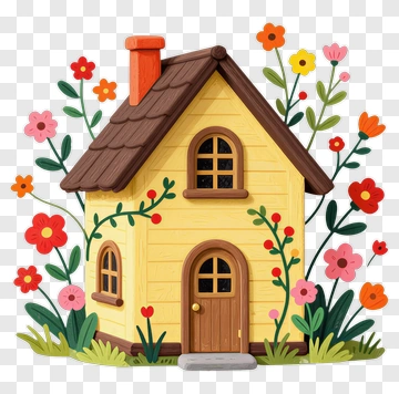 Yellow House Surrounded By Flowers PNG