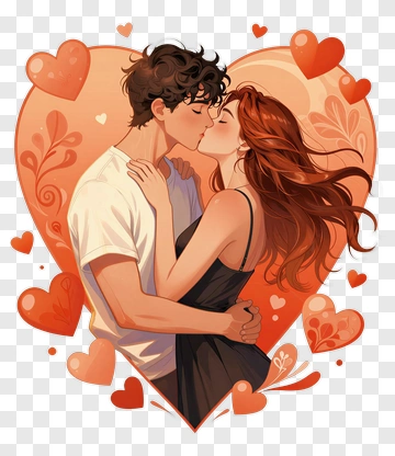 Romantic Couple Kissing In Heart Frame PNG