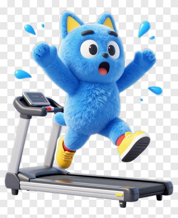 Blue Cartoon Cat Running On Treadmill PNG