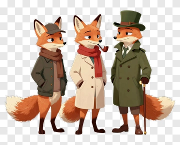 Three Cartoon Foxes In Coats And Hats PNG