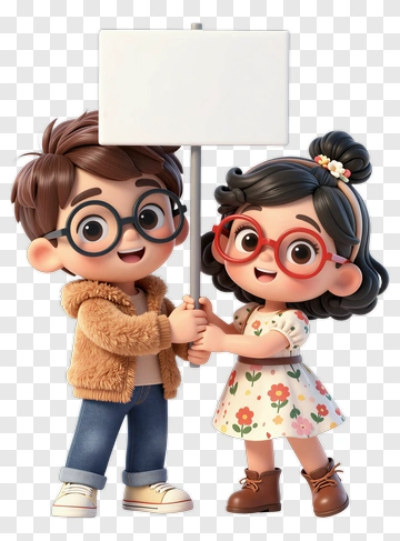 Cartoon Boy And Girl Holding Sign PNG