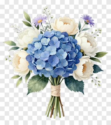 Blue Hydrangea And White Peony Bouquet PNG