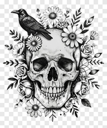 Skull With Crow And Flowers PNG