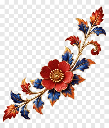 Red Flower With Blue And Gold Leaves PNG
