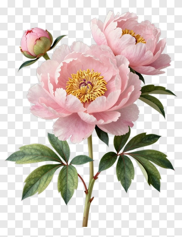 Pink Peony Flower With Bud And Leaves PNG