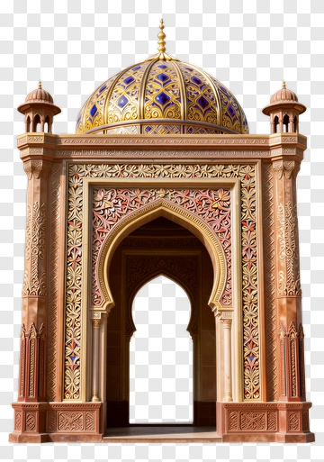 Majestic Mosque Entrance With Blue And Gold Dome PNG