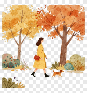 Woman Walking Dog In Autumn Park PNG