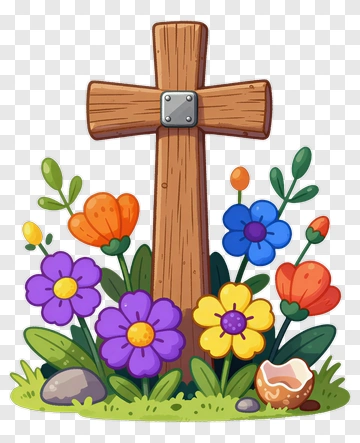 Wooden Cross Surrounded By Colorful Flowers PNG