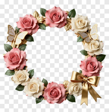 Flower Wreath With Roses Butterflies And Gold Ribbon PNG