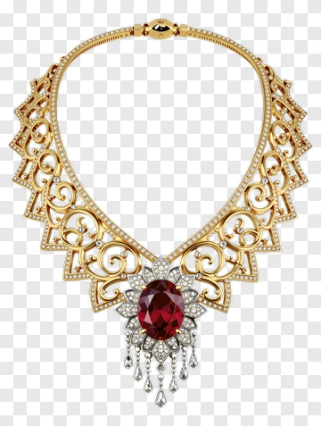 Ornate Gold Necklace With Ruby And Diamonds PNG