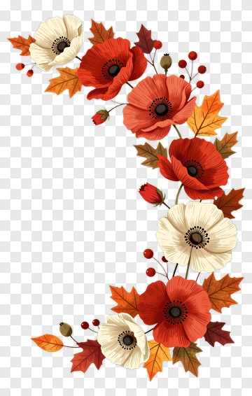 Autumn Poppies And Leaves Design PNG