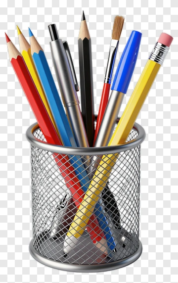 Colorful Writing Tools In Metal Holder PNG