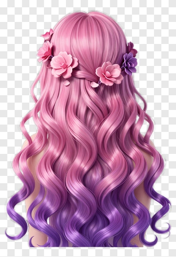 Long Pink And Purple Hair With Flower Crown PNG