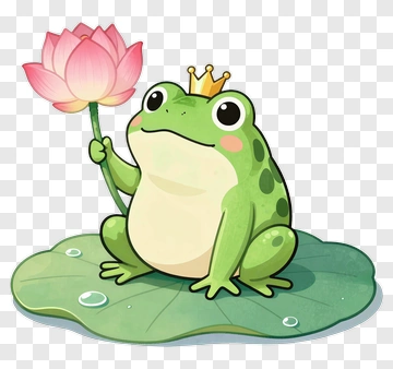 Crown-Wearing Frog Holding Lotus PNG