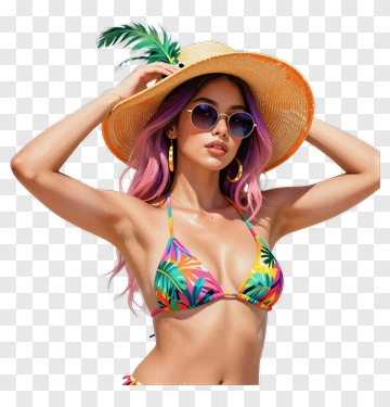 Woman In Colorful Bikini And Straw Hat PNG