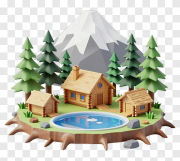 Mountain Cabin With Pine Trees And Pond PNG