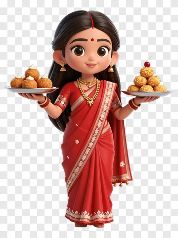 Girl In Red Sari Holding Sweet Desserts PNG